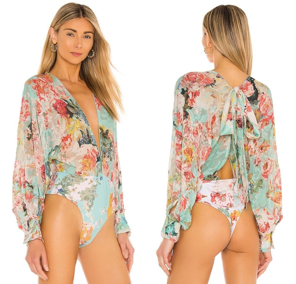 NWT Hemant & Nandita Sage Blue Floral Plunge Bodysuit XS Balloon Sleeve Boho